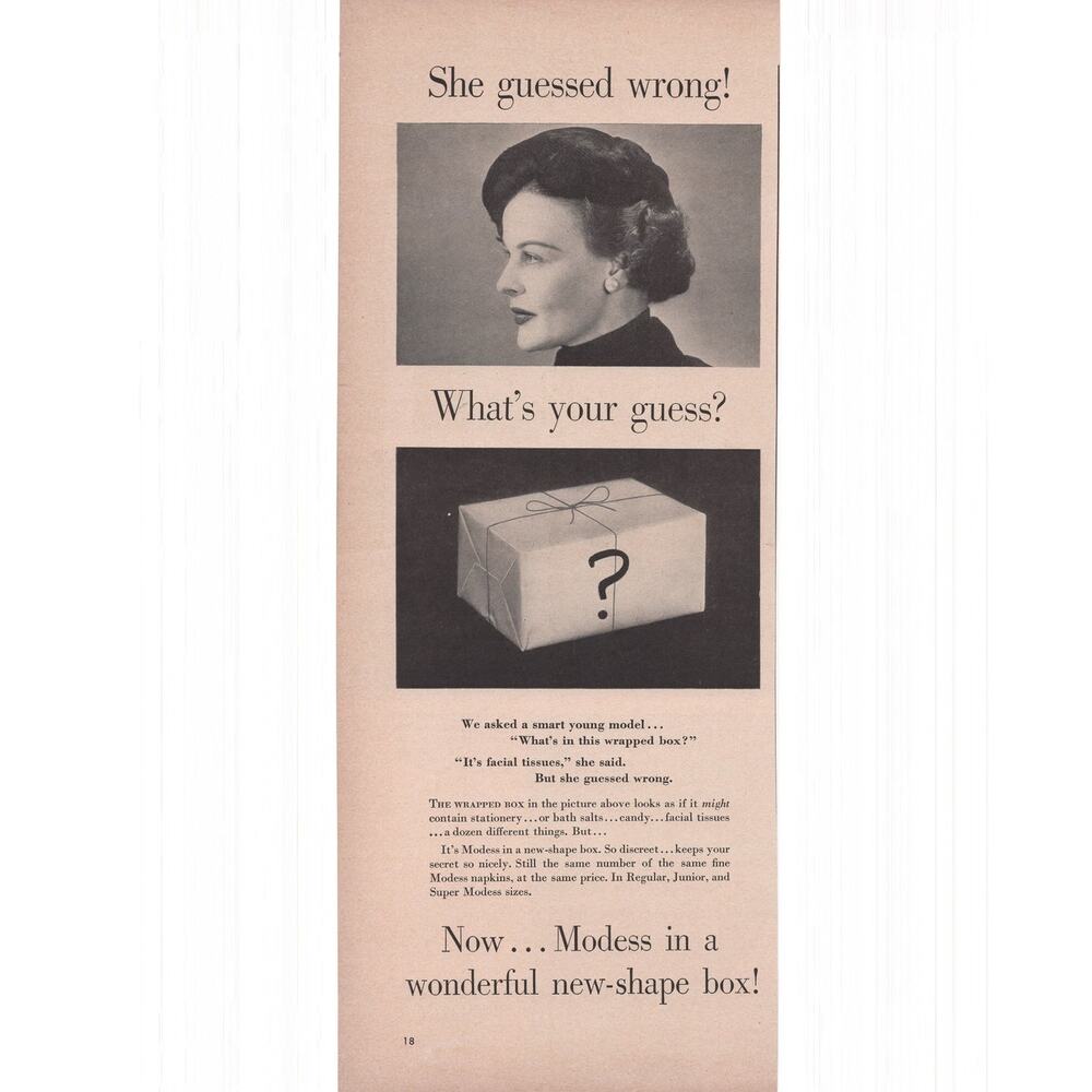 Modess Feminine Products Magazine Advertisement 1940s Vintage B&W Women